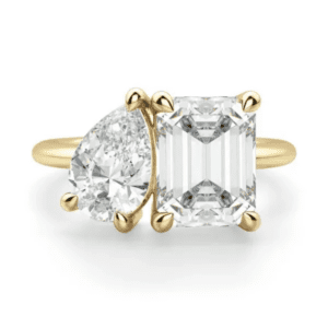 14K Gold, moissanite pear and emerald cut lock ring