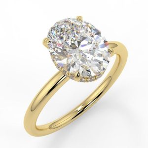 14K Gold, 2 carat oval moissanite centre stone ring with halo lift