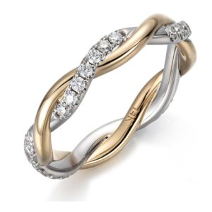 14K Gold Band two tone twist round cut GRA moissanite band