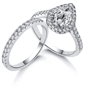 5A Cubic Zirconia Halo Pear Stone Ring. S925 Sterling Silver and Rhodium Plated