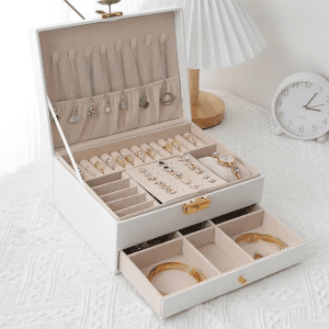 Double layer leather multifunction jewelry storage box